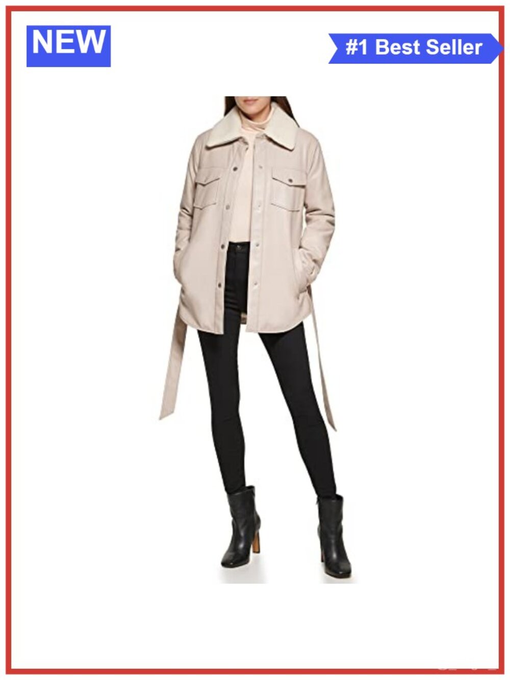 Faux-Leather Belted Trench Shacket Sherpa Collar Button Up Jacket